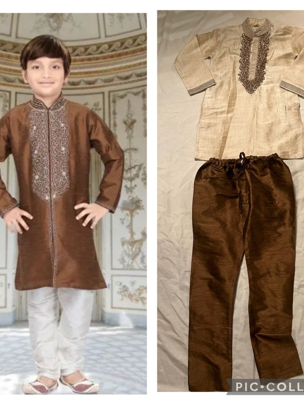 Brown Embroidered Boys' Kurta Pajama Set With Pockets Kids Size 4-5.